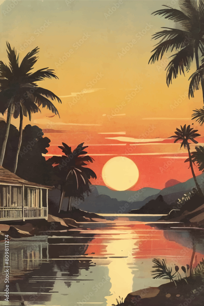 Wall mural sunset near the river vector illustration.