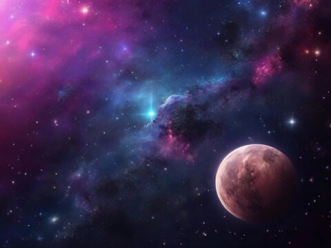 Cosmos background with realistic stardust, nebula, moon and shining stars. Colorful galaxy backdrop. Space vector illustration. Starry night, infinite universe, milky way bacground illustration