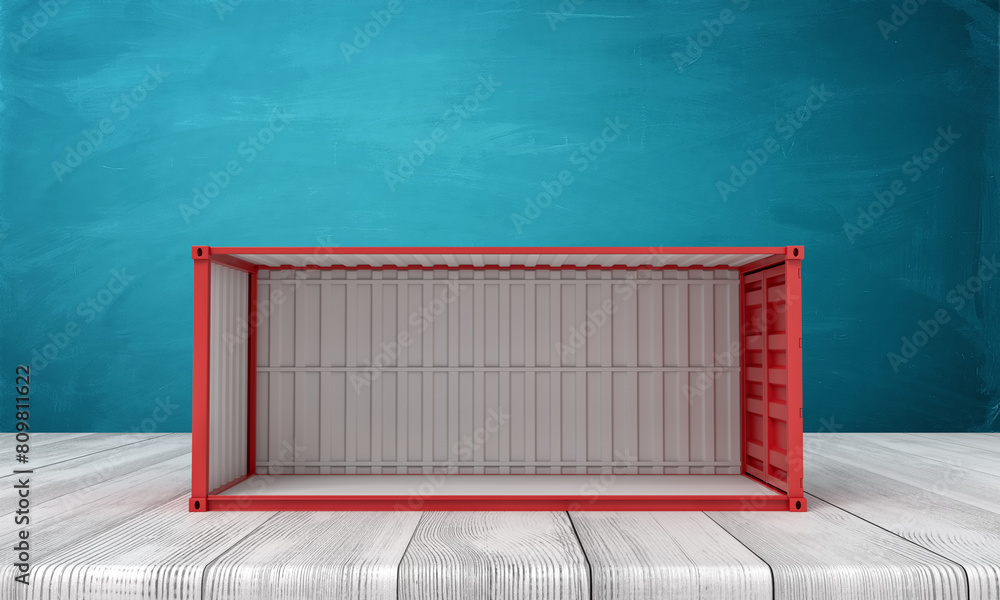 Poster 3d rendering of empty red shipping container side view on white wooden floor and dark turquoise back