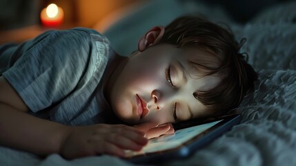 Sweet boy falls asleep while mom reads bedtime story on tablet