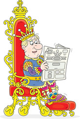 Angry king in a golden crown and solemn royal attire sitting on his throne and reading a latest newspaper in a throne-room of a fairytale palace, vector cartoon illustration on a white background