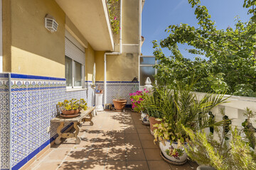 Terrace with many plants of a detached house with white cement balustrade, cement benches and tiles...