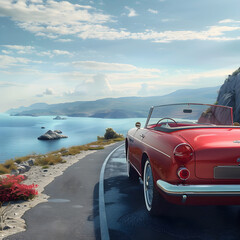 Classic Convertible Car on Scenic Coastal Road Suitable for Advertising and Social Media Templates