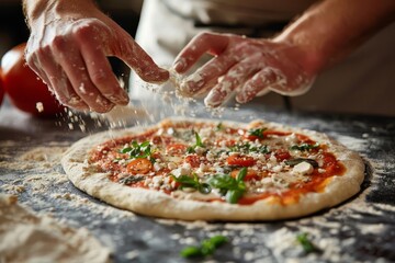 closeup of hands kneading and stretching pizza dough on floured surface capturing tactile artisanal...