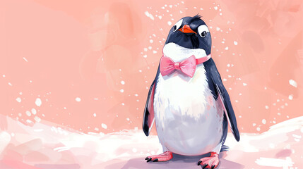 A charming penguin with a dapper bowtie and a comical waddle, spreading joy and laughter with its endearing antics, anime illustration, animals