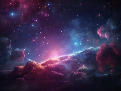 Cosmos background with realistic stardust, nebula, moon and shining stars. Colorful galaxy backdrop. Space vector illustration. Starry night, infinite universe, milky way bacground illustration