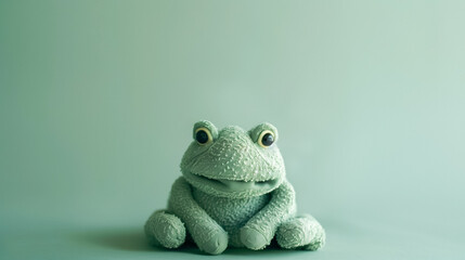 Plush green frog toy sitting against a soft teal background, creating a calming minimalist aesthetic. 
