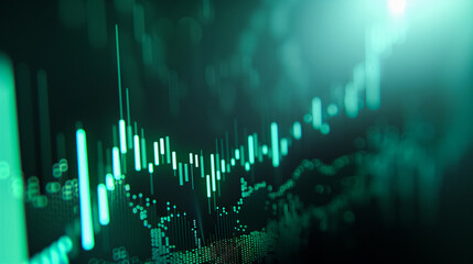 Dynamic stock market graph on digital screen, finance and trading concept with glowing green and white lines on dark background.