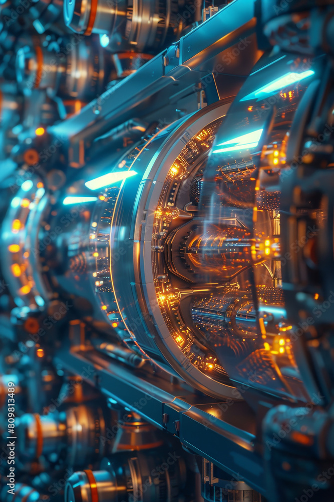 Poster clean and efficient energy generation with glowing elements in a futuristic hydrogen power plant.