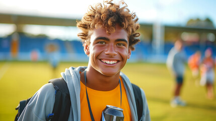 A young man with curly hair is smiling and wearing a yellow t-shirt and a backpack. He is standing...
