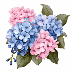 Hydrangeas, plants, leaves and flowers. Vector illustrations of beautiful realistic flowers for background, pattern or wedding invitations.
