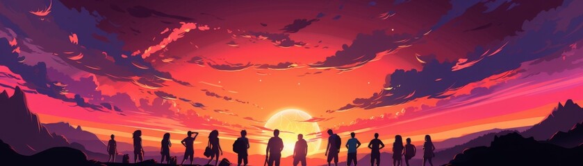 Fototapeta premium The image shows a group of diverse people standing together in a field, with a bright sunset in the background
