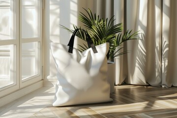 blank white fabric canvas tote bag for shopping in room with shadow overlay. ai generated