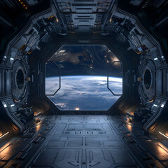 Futuristic Spacecraft Interior with Breathtaking Orbital Earth View Perfect for Commercial and Digital Media Designs