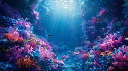 A beautiful and vibrant coral reef with a variety of fish swimming around. The water is crystal clear and the sun is shining down, creating a magical and enchanting scene.