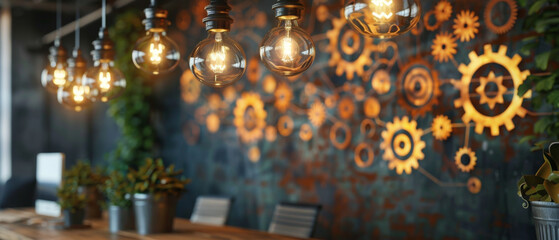 Obraz premium Innovative startup workspace with gear and light bulb mural symbolizing ideas and growth.