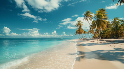 palm trees on white sand beach with blue sky and white clouds