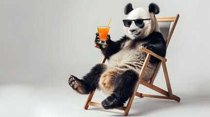 Panda sitting on a beach chair and drinking a drink wearing sunglasses