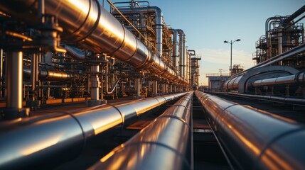 Sunset Glow Over Industrial Steel Pipes at Oil Refinery Complex