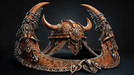 Detailed Viking Helmet with Large Horns and Ornamental Design on Dark Background