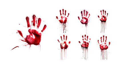Dripping red blood handprint MEGA PACK. Isolated transparent background PNG. Horror, crime concept. Bloody human hand mark with spatters of blood. Crime scene. Zombie.