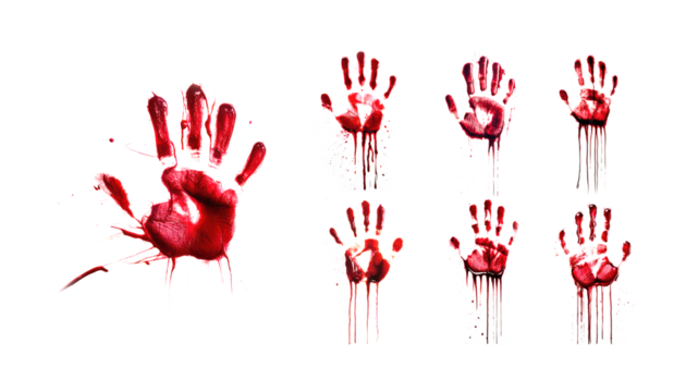 Dripping red blood handprint MEGA PACK. Isolated transparent background PNG. Horror, crime concept. Bloody human hand mark with spatters of blood. Crime scene. Zombie.