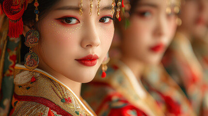 Fototapeta premium A close-up shot capturing the intricate details of traditional Peranakan costumes worn by performers in a cultural parade, showcasing Singapore's rich cultural heritage and diversi