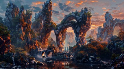 a digital painting of an impressive rock garden at dusk, where the last rays of the setting sun cast a fiery glow on the artistic rock formations.