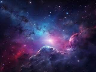 Fototapeta premium Cosmos background with realistic stardust, nebula, moon and shining stars. Colorful galaxy backdrop. Space vector illustration. Starry night, infinite universe, milky way bacground illustration