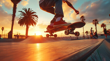 Skateboarder performing kickflip in urban skate park at dusk