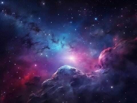 Cosmos background with realistic stardust, nebula, moon and shining stars. Colorful galaxy backdrop. Space vector illustration. Starry night, infinite universe, milky way bacground illustration