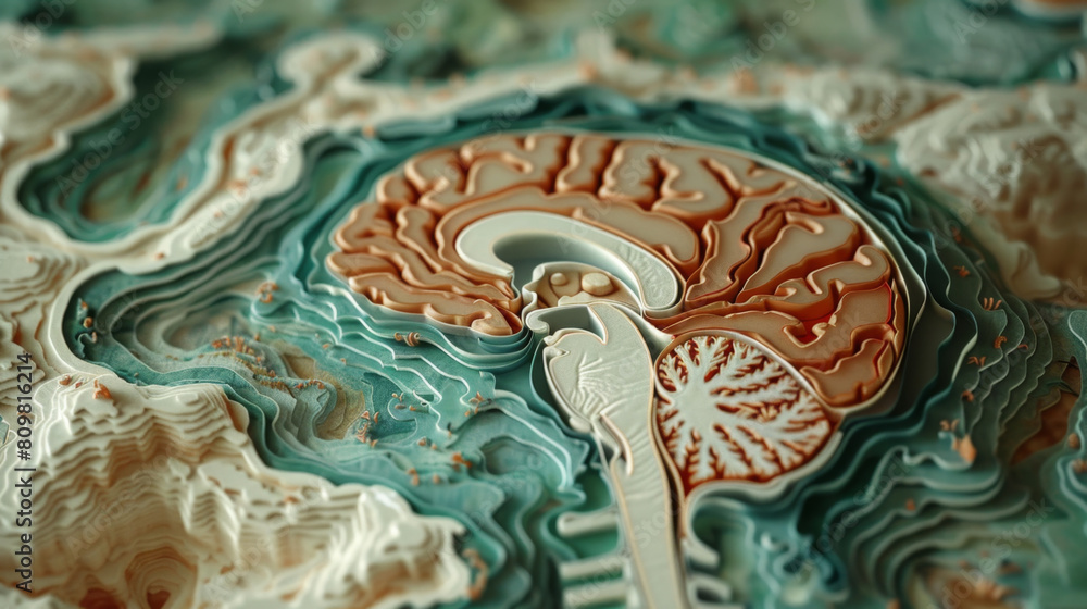 Poster intricate 3d paper brain model symbolizing overthinking with tangled patterns.