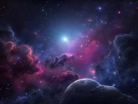 Cosmos background with realistic stardust, nebula, moon and shining stars. Colorful galaxy backdrop. Space vector illustration. Starry night, infinite universe, milky way bacground illustration