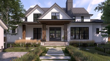 Luxury house exterior, entrance porch with patio area. Northwest, USA
