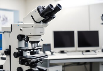 A microscope with multiple lenses and a computer monitor in the background