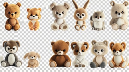 Set of fur plush stuffed animal toy on transparent background cutout, PNG file. Many assorted different design. Mockup template for artwork graphic design .