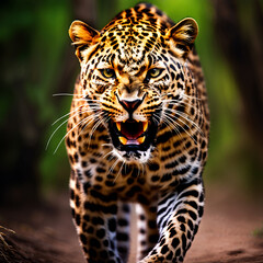 Fototapeta premium A large leopard is running in the forest, in the style of photo-realistic