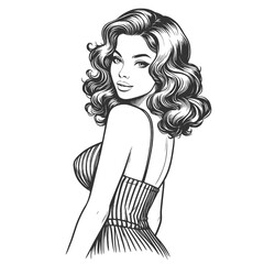 glamorous vintage style woman looking over her shoulder exuding charm and elegance sketch engraving generative ai fictional character vector illustration. Scratch board imitation. Black white image