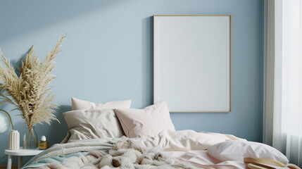 An artista??s bedroom with creative elements and a blank frame mockup on a soft blue wall.