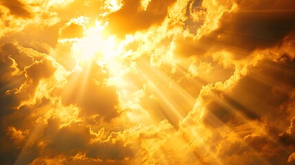 God light. Dramatic golden cloudy sky with sun beam. Yellow sun rays through golden clouds. God light from heaven for hope and faithful concept. Believe in god. Beautiful sunlight sky background