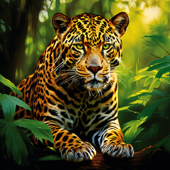 Obraz premium A large leopard is running in the forest, in the style of photo-realistic