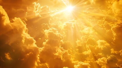 God light. Dramatic golden cloudy sky with sun beam. Yellow sun rays through golden clouds. God light from heaven for hope and faithful concept. Believe in god. Beautiful sunlight sky background
