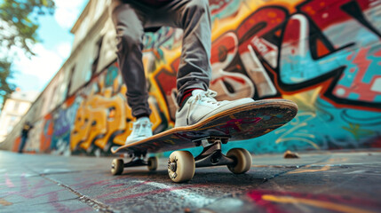 A low angle view of a skateboarder riding in front of a colorful graffiti wall.