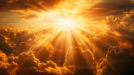 God light. Dramatic golden cloudy sky with sun beam. Yellow sun rays through golden clouds. God light from heaven for hope and faithful concept. Believe in god. Beautiful sunlight sky background