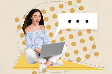 Photo collage composite trend artwork sketch image of speech bubble textbox mind cloud sms message young lady work laptop digital job