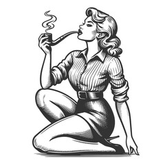 woman sitting and smoking a pipe sketch engraving generative ai fictional character vector illustration. Scratch board imitation. Black and white image.