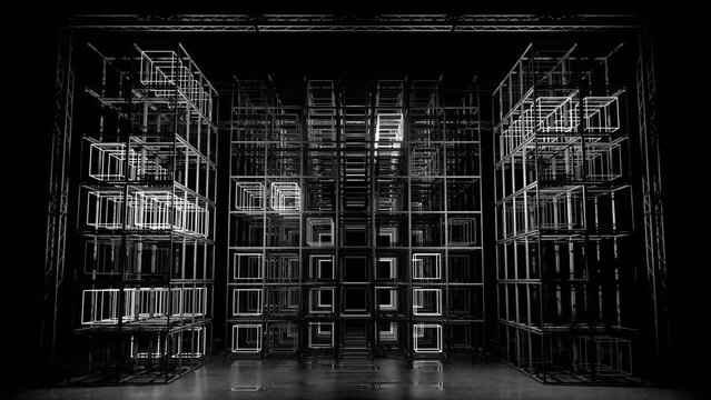  3D Wireframe Cube Grid Structure Animation