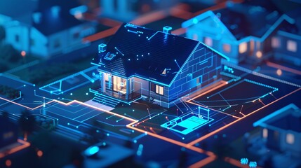 Obraz premium 3D rendering of a house on a microcircuit background.