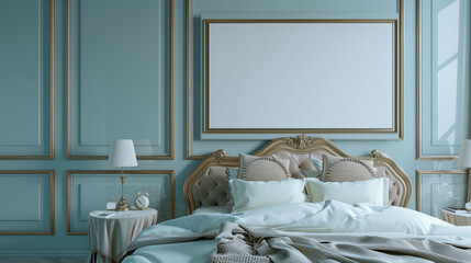 A boutique hotel bedroom with elegant furnishings and a blank frame on a light blue wall.