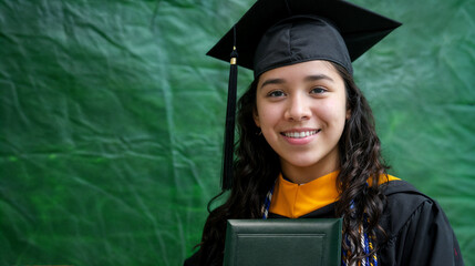A smiling young woman in a graduation gown holding a diploma. Student wearing a graduation cap and gown. Person is standing in front of a green wall